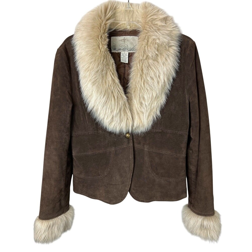 Vintage BB Dakota Brown Suede Fur Trimmed Y2K Penny Lane Blazer Jacket  Size L